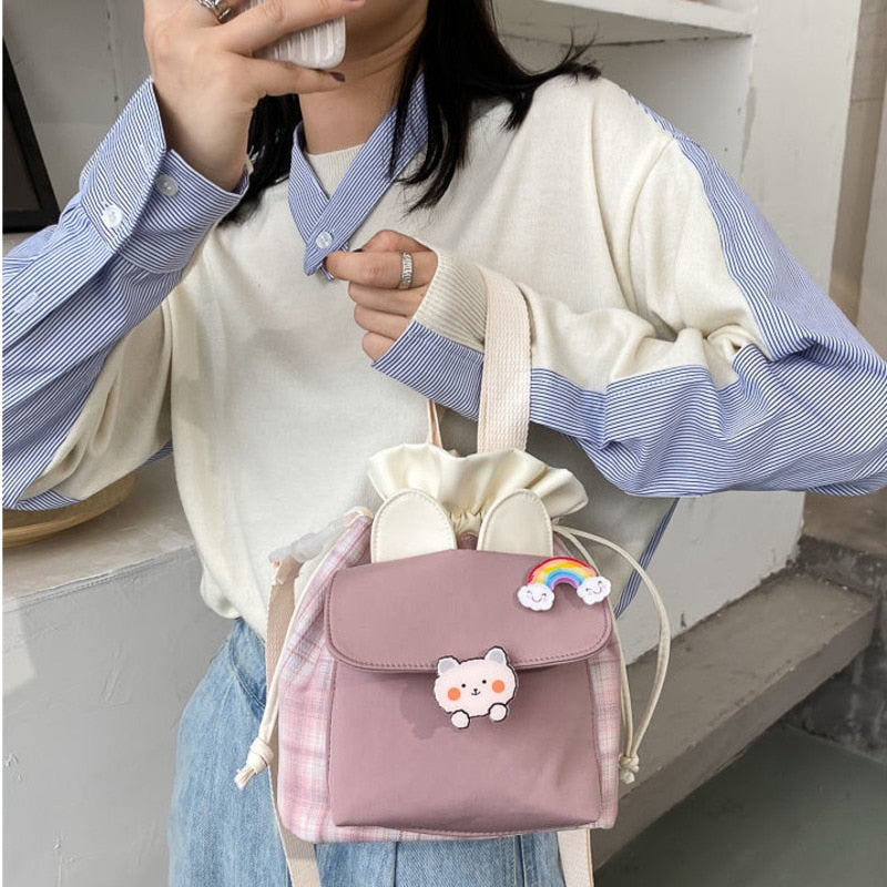 White Blush Bear Cuten Canvas Bucket Bag Women's 2021 New Small Fresh Shoulder Bag Versatile Student Lattice Messenger Bag