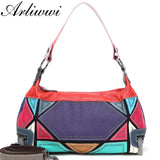 Arliwwi Brand Designer Women Real Leather Handmade Patchwork Handbags With Rivet Colorful Genuine Cow Leather Stud Bag GM01