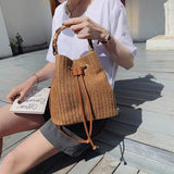 Woven Straw Ladies Bucket Bag Summer Beach Crossbody Bag For Women Retro Phone Travel Shoulder Bags Small Banboo Handle Handbags
