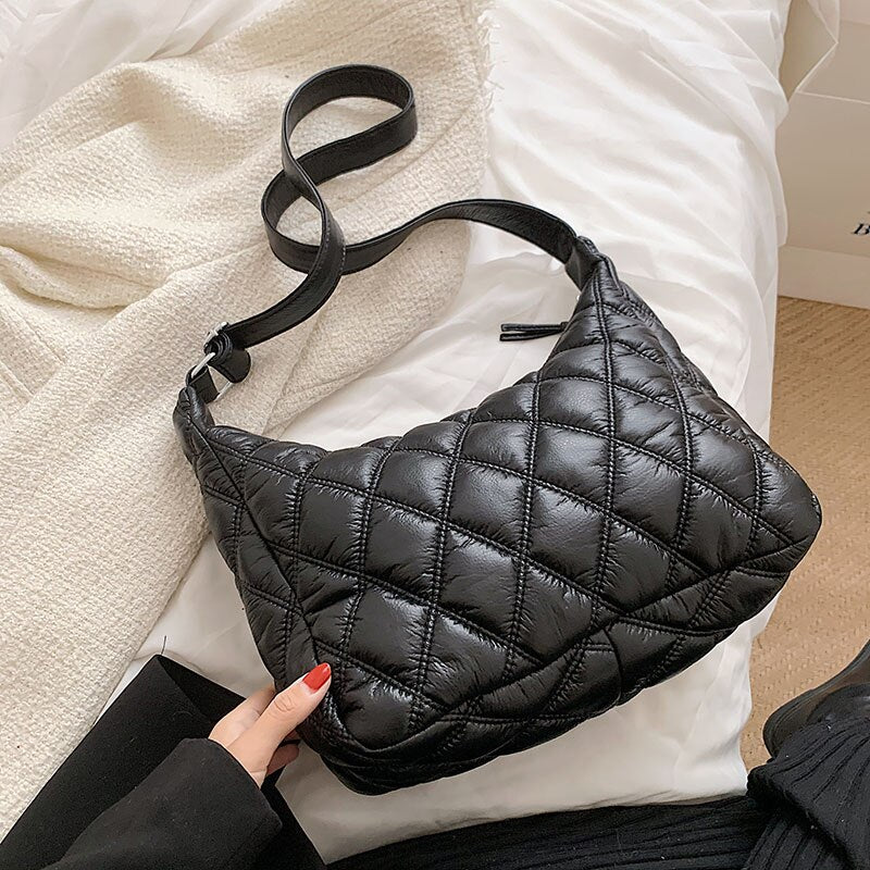 с доставкой 2021 Winter Big Quilted Lingge PU Leather Bucket Shoulder Bags for Women Fashion Designer Brand Tote Handbags Purses