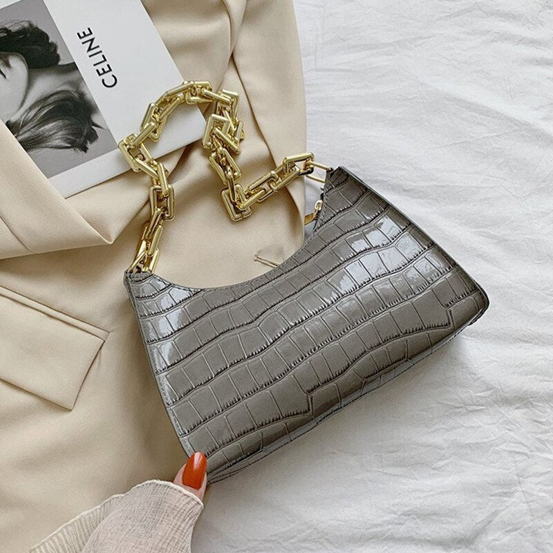 Fashion Crocodile Pattern Baguette bags Small PU Leather Shoulder Bags For Women Chain Design Luxury Handbag Female Clutch Purse