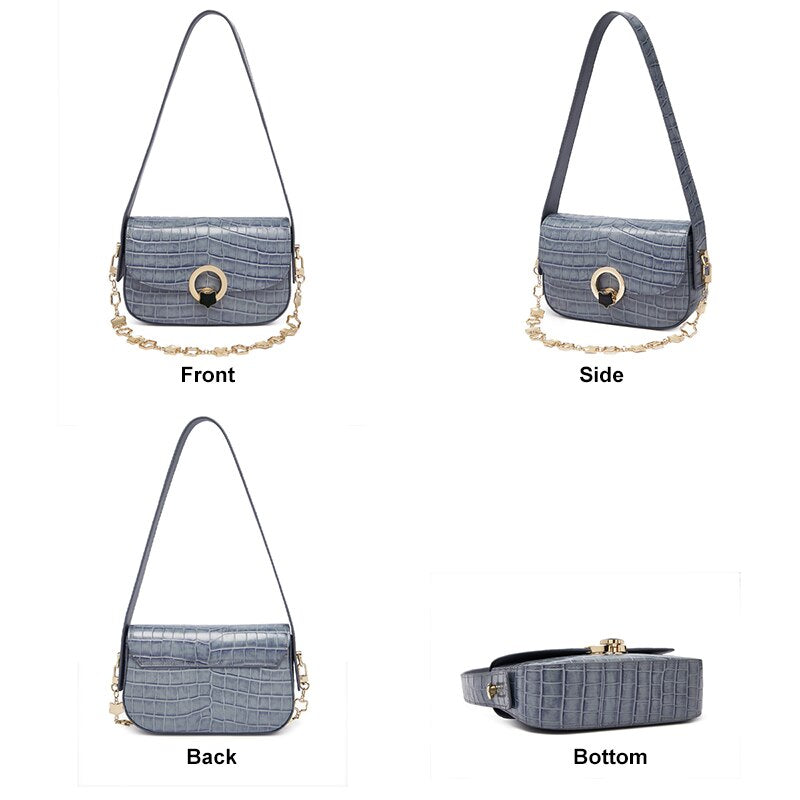 FOXER Fashion Lady Split Leather Shoulder Saddle Bag Simple Luxury Chain Small Square Bag Crocodile Pattern Underarm Woman Bag