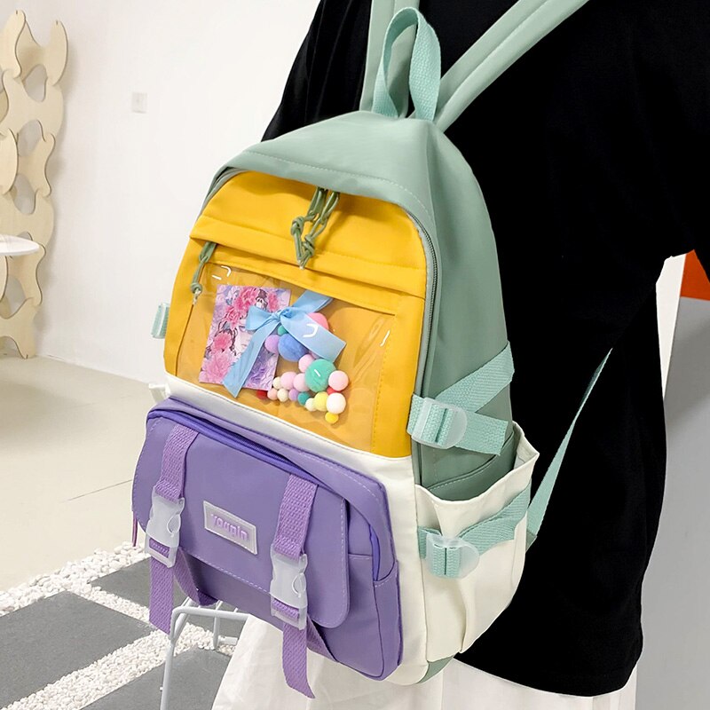 Christmas Gift Kawaii Japanese fashion contrast color women's backpack Candy color patchwork design travel backpack Cute student schoolbag New