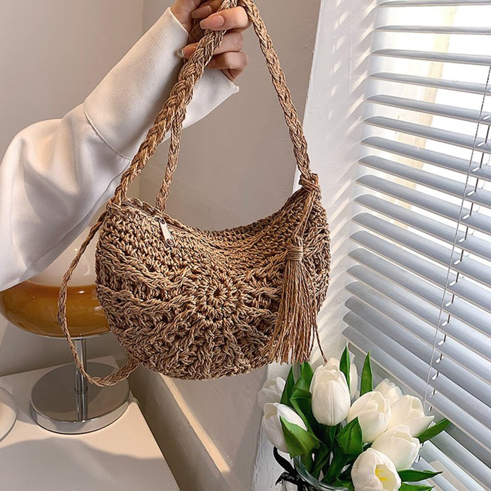 Summer Straw Crossbody Bags for Women Beach Vacation Woven Shoulder Bags Small Handbags Pure Color Casual Ladies Messenger Bags
