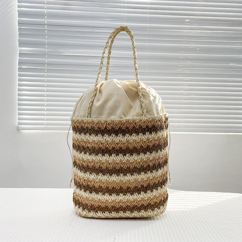 Fashion Color Matching Striped Straw Bag Summer Leisure Seaside Beach Tote Large Capacity Handmade Woven Drawstring Shoulder Bag