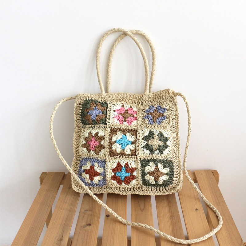 Bohemian Style Handmade Straw Bag Designer Multicolor Flowers Splicing Braided Crochet Shoulder Bag Summer Beach Floral Tote