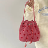 Graduation Gift Pink Heart Embroidered Ladies Bucket Purse Handbags Fashion Love Women Messenger Bag Drawstring Female Girls Small Shoulder Bags