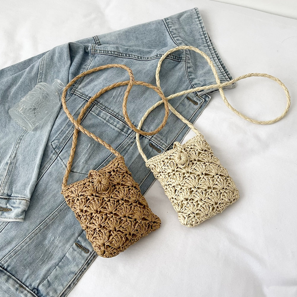 Mini Fashion Woven Straw Crossbody Bags Summer Hollow Rattan Women Shoulder Bags Mobile Phone Bags Ladies Small Messenger