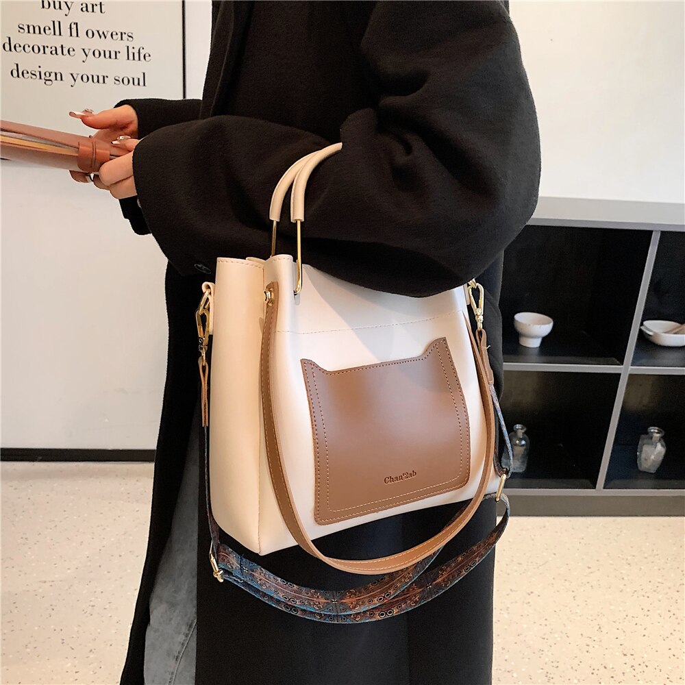 Vvsha Metal Top Handle Tote Shoulder Bags For Women 2023 Trend Fashion Designer Wide Strap Crossbody Bucket Ladies Handbags