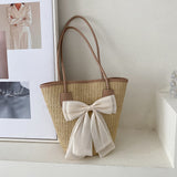 Casual Straw Woven Handbags Women Summer Holiday Beach Bow Totes Top-Handle Bags Fashion Ladies Undearm Shoulder Bags