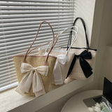 Casual Straw Woven Handbags Women Summer Holiday Beach Bow Totes Top-Handle Bags Fashion Ladies Undearm Shoulder Bags