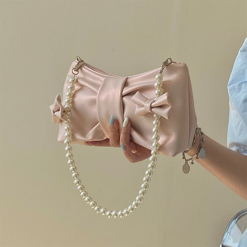 Graduation Gift Girly Pearl Bow Cute Underarm Bag Fairy Women's Small Pink Shoulder Bag Soft PU Leather Female Pearlescent Clutch Purse Handbags