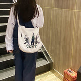 Women Canvas Shoulder Bag Goofy Printing Ladies Casual Handbag Tote Bag Large Capacity Cotton Reusable Shopping Beach Bag