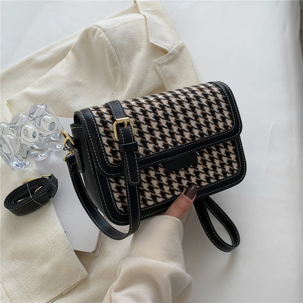 Vvsha Houndstooth Flap Small Shoulder Crossbody Bags For Women 2023 Winter New Luxury Designer Woolen Fabric Ladies Handbags