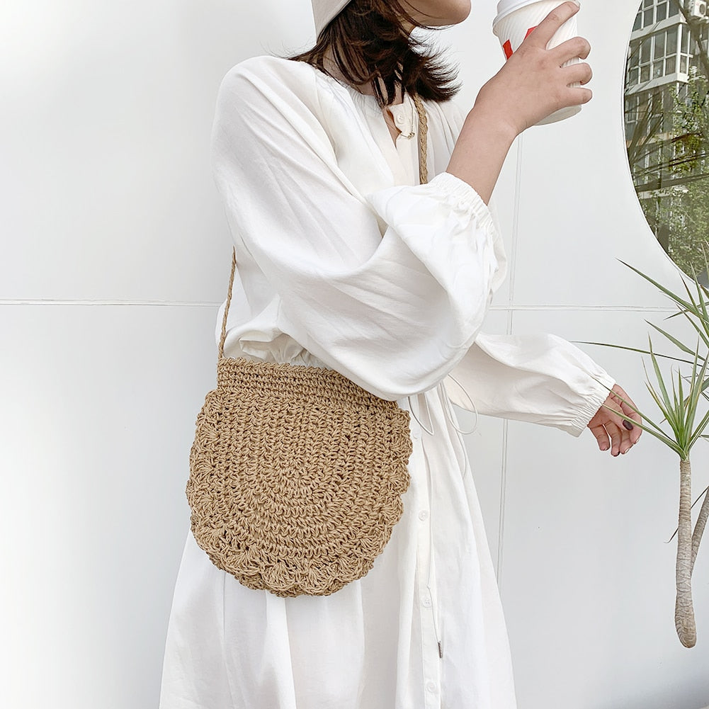 Fashion Woven Crossbody Bags for Women Straw Handmade Shoulder Bags Summer Casual Vacation Beach Small Messenger Bags Handbags