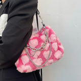 Graduation Gift Y2k Hot Girls Pink Love Underarm Bags Soft Plush Heart Pattern Ladies Shoulder Bag Female Chain Furry Crossbody Bag Handbags