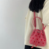 Graduation Gift Pink Heart Embroidered Ladies Bucket Purse Handbags Fashion Love Women Messenger Bag Drawstring Female Girls Small Shoulder Bags