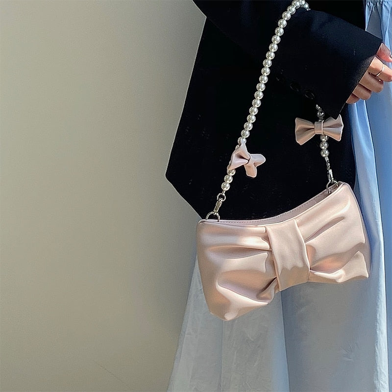 Graduation Gift Girly Pearl Bow Cute Underarm Bag Fairy Women's Small Pink Shoulder Bag Soft PU Leather Female Pearlescent Clutch Purse Handbags