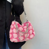 Graduation Gift Y2k Hot Girls Pink Love Underarm Bags Soft Plush Heart Pattern Ladies Shoulder Bag Female Chain Furry Crossbody Bag Handbags