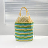 Fashion Color Matching Striped Straw Bag Summer Leisure Seaside Beach Tote Large Capacity Handmade Woven Drawstring Shoulder Bag