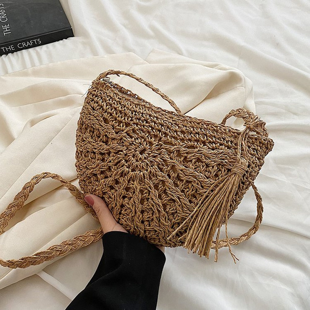 Summer Straw Crossbody Bags for Women Beach Vacation Woven Shoulder Bags Small Handbags Pure Color Casual Ladies Messenger Bags