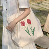 Vvsha 2023 Women Canvas Large Capacity Cotton Reusable Shoulder Bag Tulips Printing Ladies Casual Handbag Tote Bag Shopping Beach Bag