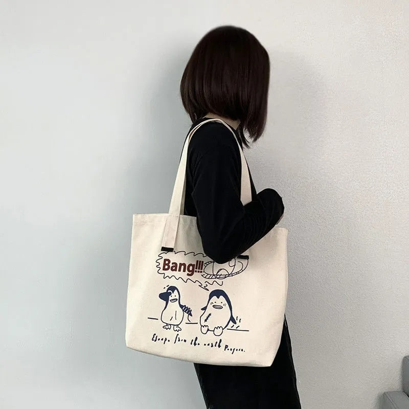 Women Canvas Shoulder Bag Zarxcop Bear Printing Ladies Casual Handbag Tote Bag Large Capacity Cotton Reusable Shopping Beach Bag