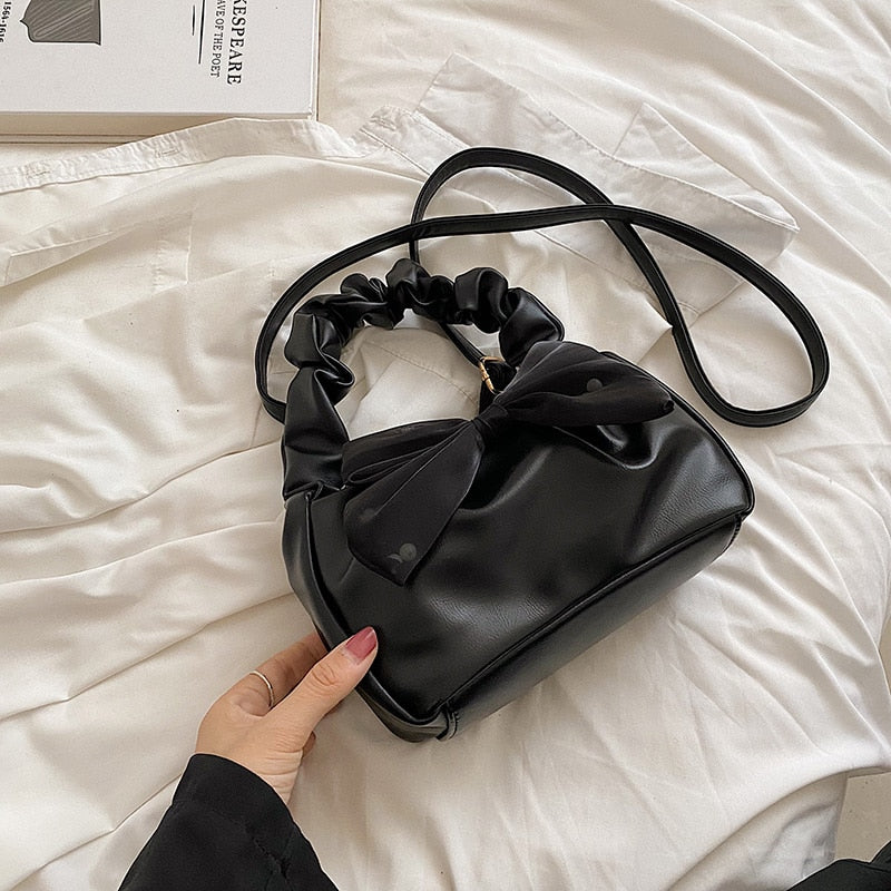 Small Pleated Short Handle Bow Design Small Handbags Women PU Leather Shoulder Crossbody Sling Bags 2022 Luxury Cute Purses