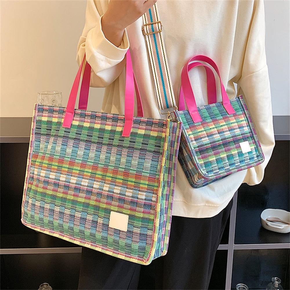 Vvsha Colorful Tote Bag For Women Cotton Fabric Woven Design Large Capacity Shopper Shoulder Bags Lightweight Crossbody Handbags Bolso