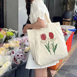 Vvsha 2023 Women Canvas Large Capacity Cotton Reusable Shoulder Bag Tulips Printing Ladies Casual Handbag Tote Bag Shopping Beach Bag