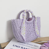 Summer Handmade Woven Rattan Straw Bag Round Handle Purple Half Moon Shaped Tote Beach Vacation Female Simple Semicircle Handbag