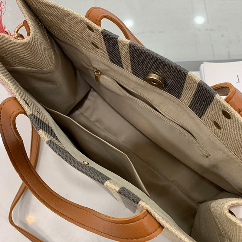 Vvsha Simple Fashion Large-capacity Handbag For Ladies Vintage Striped Tote For Female Portable Ol Business Briefcase Korean Style
